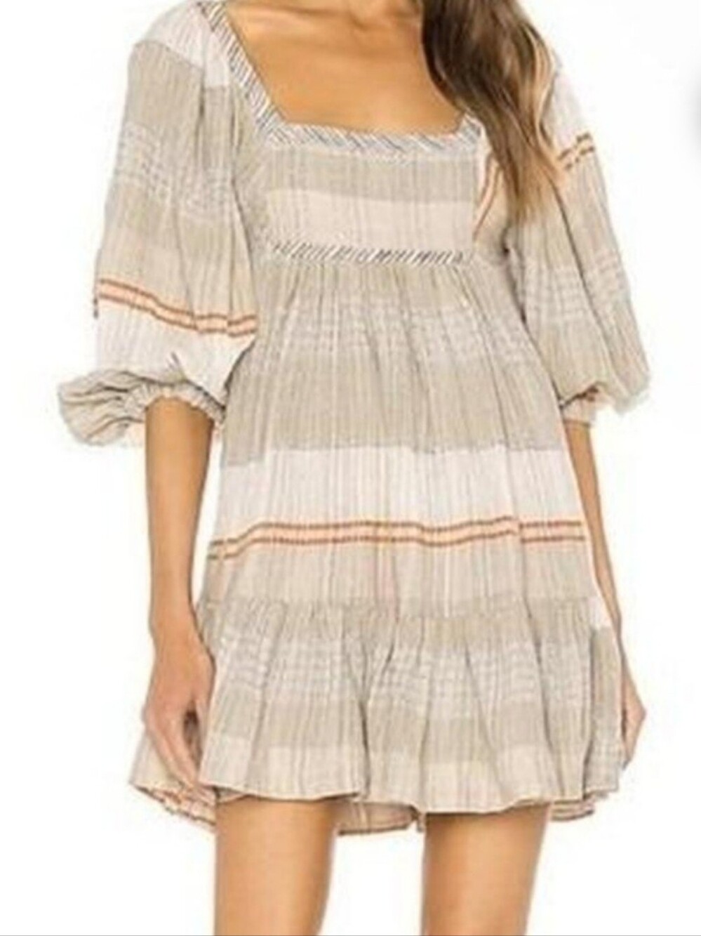 Cream and Tan Peasant Mini Dress with Puff Sleeves